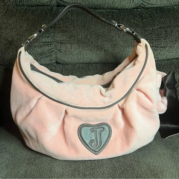 Vintage Y2K Juicy Couture Baby Pink Velour Crown Hobo Shoulder Bag - Picture 3 of 16
